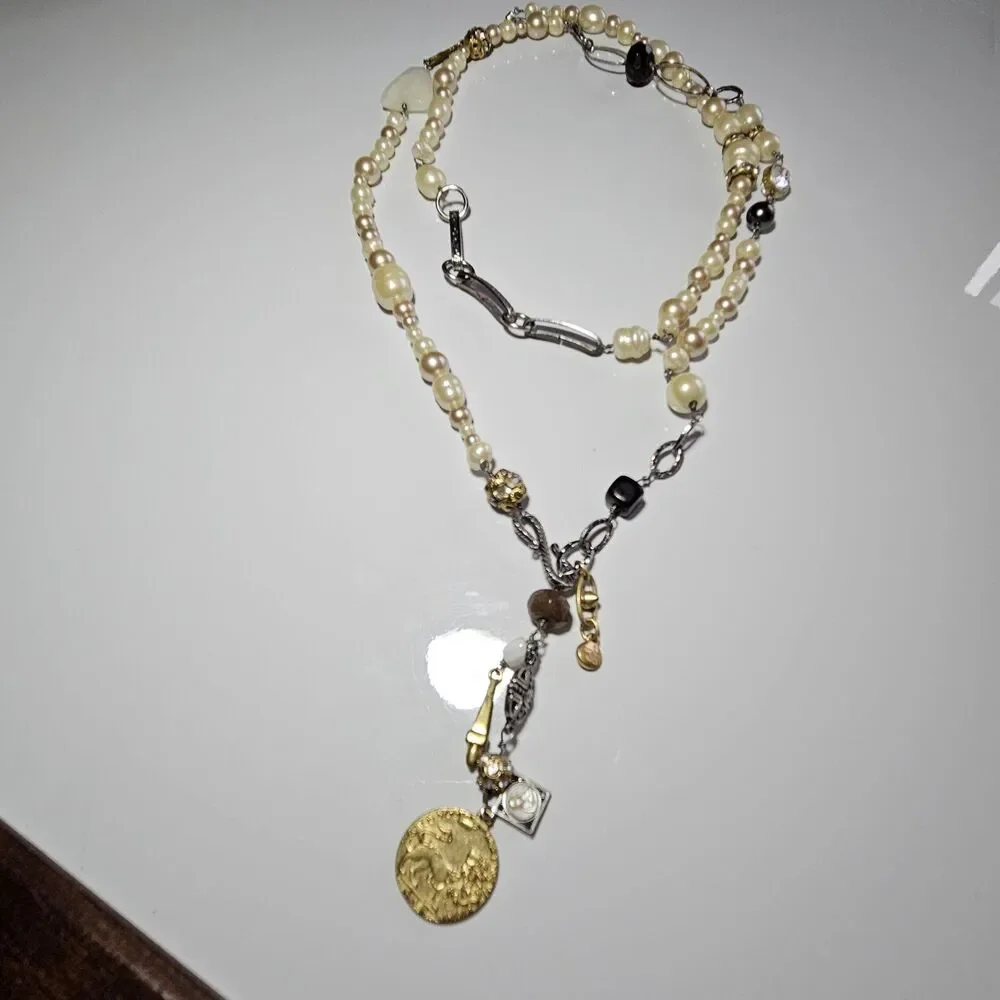 CABI 2147 Treasure Necklace Pearls Semipreci Beaded Charms Coin Gold Silver Tone